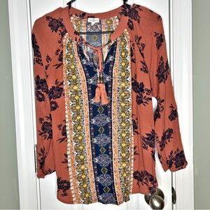 Mason & Belle Long Sleeve Rust & Navy Crepe Boho Floral Print Tie Front Blouse